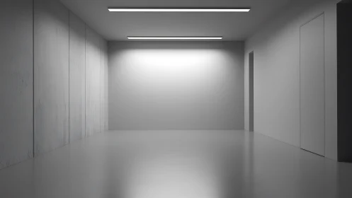 Minimalist corridor interior with seamless grey surfaces.