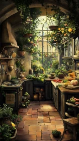 Sunlit rustic kitchen garden with lush hanging greenery.