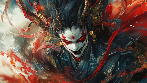Demonic samurai portrait uses dynamic brushwork and saturated contrast