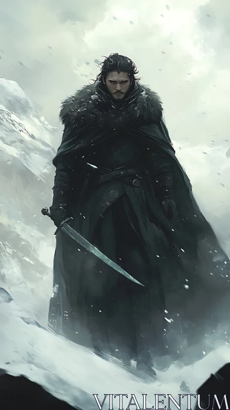 Storm-eyed winter swordsman striding through the pale hush.