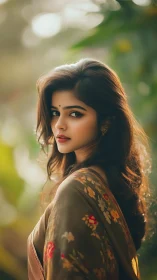 Young woman in floral sari against blurred garden backdrop.