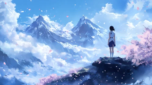 Solitary figure on cliffside overlooking distant snowy peaks.