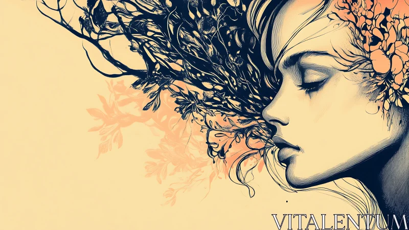 Stylized female profile merges with abstract floral linework