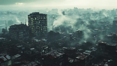 Dense smog-choked megacity rendered in moody digital realism