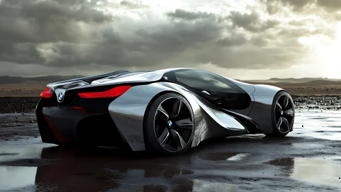 Futuristic BMW sports car on wet reflective desert ground.