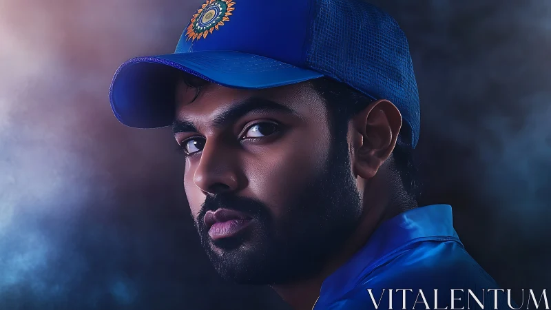 Focused cricketer gazes ahead in bold team blue lighting
