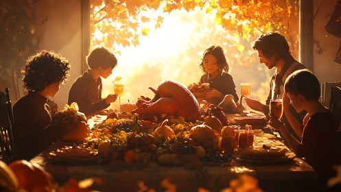 Golden-hour family harvest feast rendered in warm photorealism