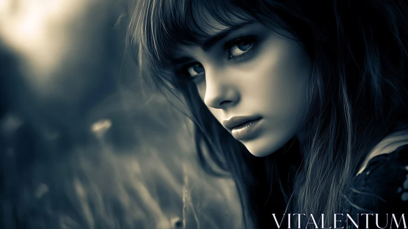 Brooding young woman in moody blue-toned portrait photography.