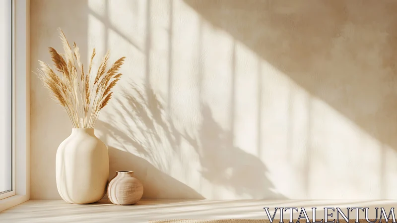 Soft sunlight warms dried grasses in simple neutral vases