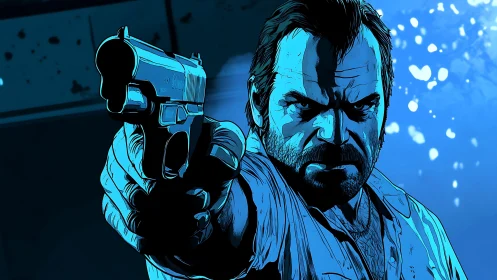Hardened man aiming pistol in stylized blue comic scene.