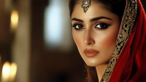 Portrait captures regal woman in ornate red embroidered veil