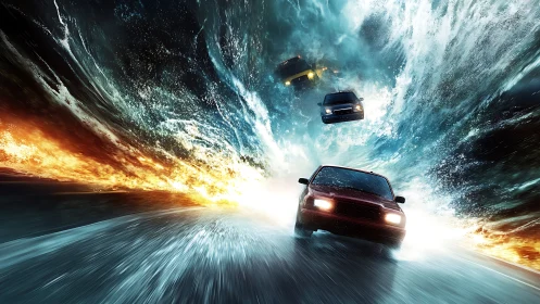 Cars race through apocalyptic water vortex and firestorm.