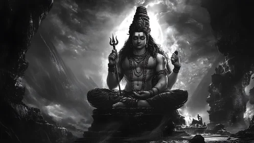 Monochrome meditative deity rendered with cinematic chiaroscuro lighting