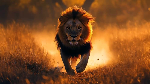 Majestic lion strides through glowing savanna dusk light