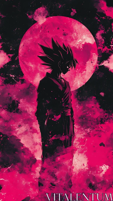 Silhouetted warrior stands before crimson cosmic moon