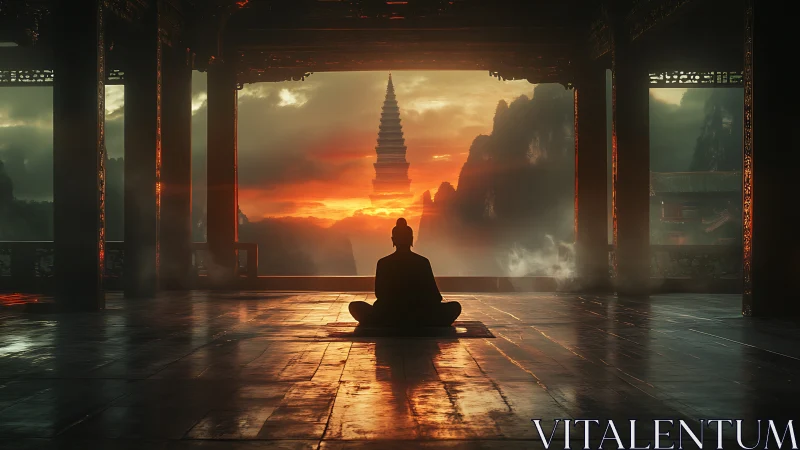 Solitary seated figure in temple hall facing distant pagoda.