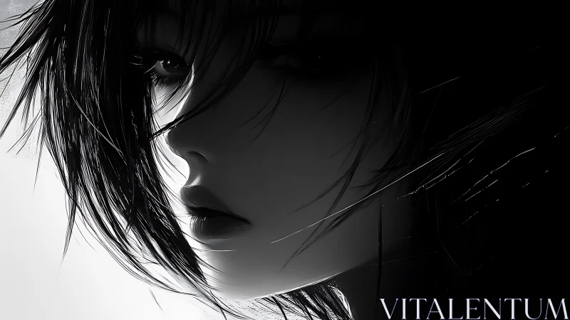 Monochrome anime portrait captures pensive side profile