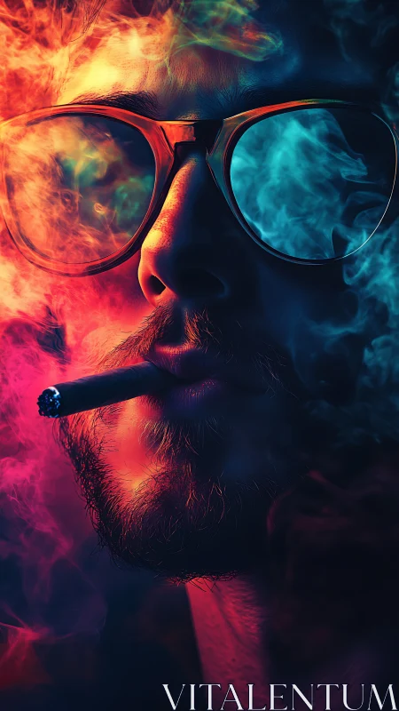 Cyberpunk portrait with neon smoke gradients and reflective shades.