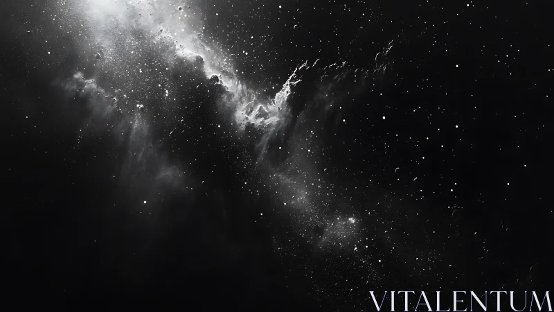 Monochrome interstellar dust cloud with scattered starfield.