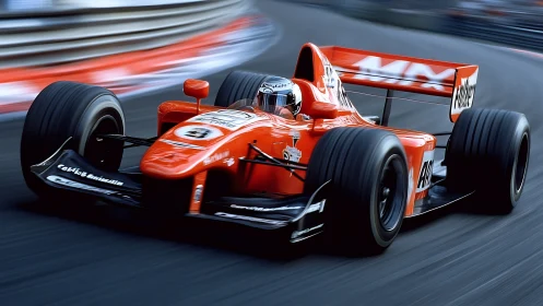 Red Formula car powers through tight racing circuit corner.