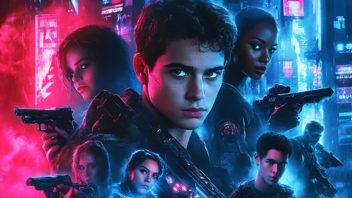 Neon lit urban team portrait with armed young operatives.