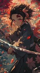 Dynamic anime swordsman in kimono under autumn foliage light
