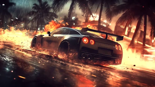 Sports car drifting through fire on wet city street at night.