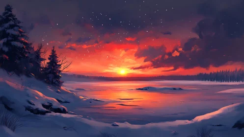 Digital painting of winter lake sunset with luminous sky glow.