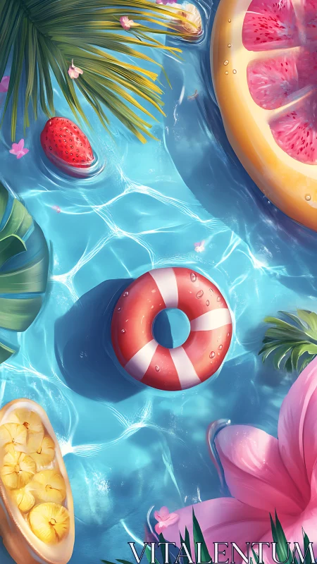 Sunny pool day with floating fruit and a cheerful ring.