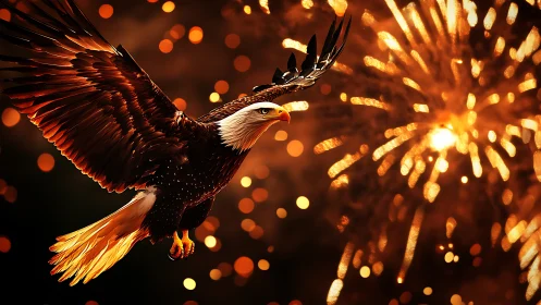 Bald eagle in flight against intense golden fireworks.