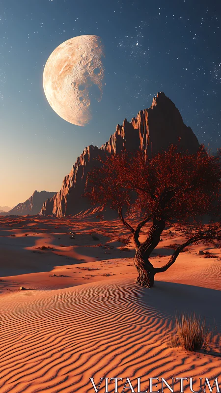 Moonrise over desert dunes and a lonely crimson tree.