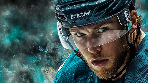 Close-up dynamic portrait of ice hockey player with teal gear