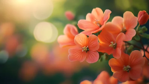 Coral geranium flowers with soft bokeh background.