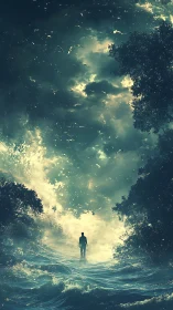Solitary figure traverses turbulent ocean beneath luminous sky