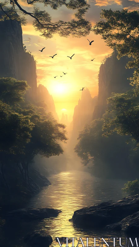 Golden river valley at sunrise with birds over calm water.
