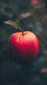 Red apple macro with leaf against dark blurred background.