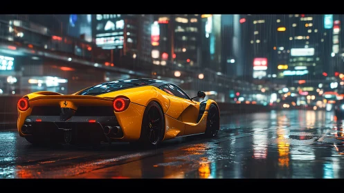 Neon rain ignites a yellow supercar on slick city asphalt.