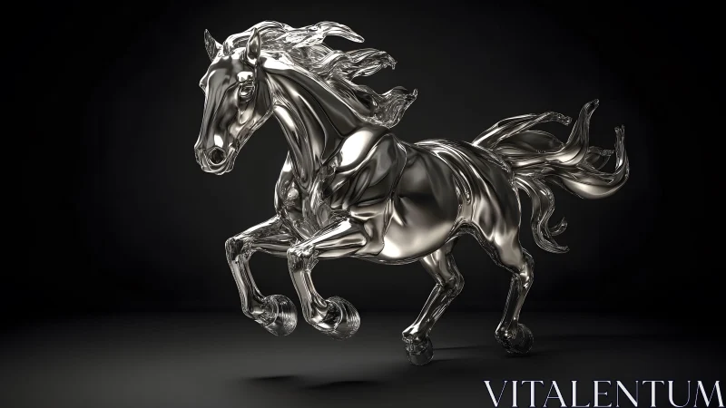 Shiny Metallic Horse Sculpture in Motion on Dark Background.