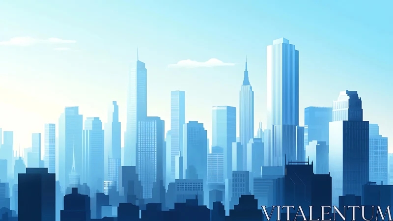 Digital city skyline with layered modern highrise towers.