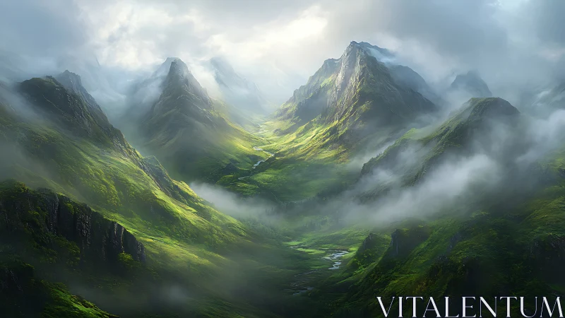 Lush green mountain valley with mist and dramatic light.