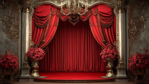 Red velvet theater stage with ornate gold decor and flowers.