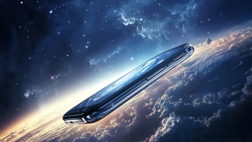 Edge-lit smartphone starship over stratified cloud horizon.