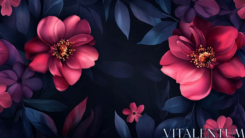 Vibrant Pink Peonies Against Deep Navy Foliage