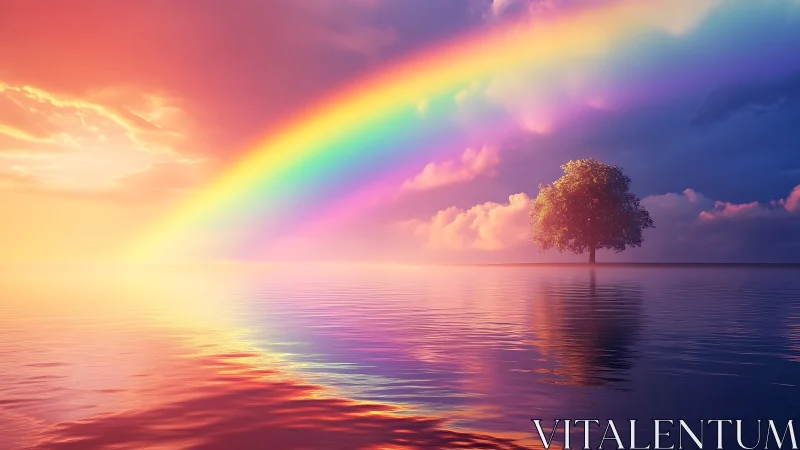 Radiant rainbow arcs over solitary tree on reflective water