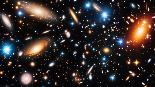 Dense galaxy cluster field with bright colorful stars.