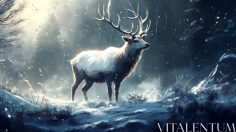 Gentle winter stag standing quietly in a moonlit forest.