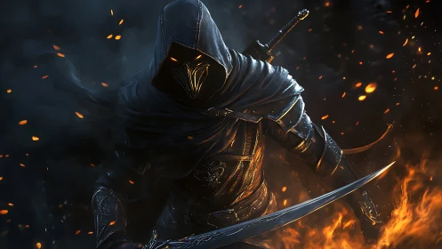 Hooded assassin with flaming blade in dark battle scene.