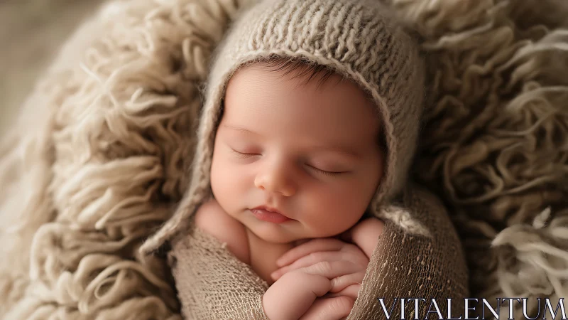 Slumbering cherub swaddled in cream-colored knit cocoon