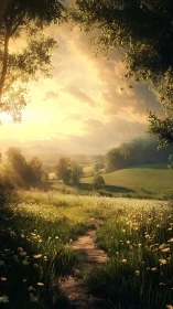 Sunlit meadow pathway opening onto distant rolling hills.