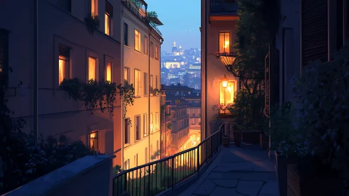 Urban hillside walkway overlooking illuminated distant cityscape.